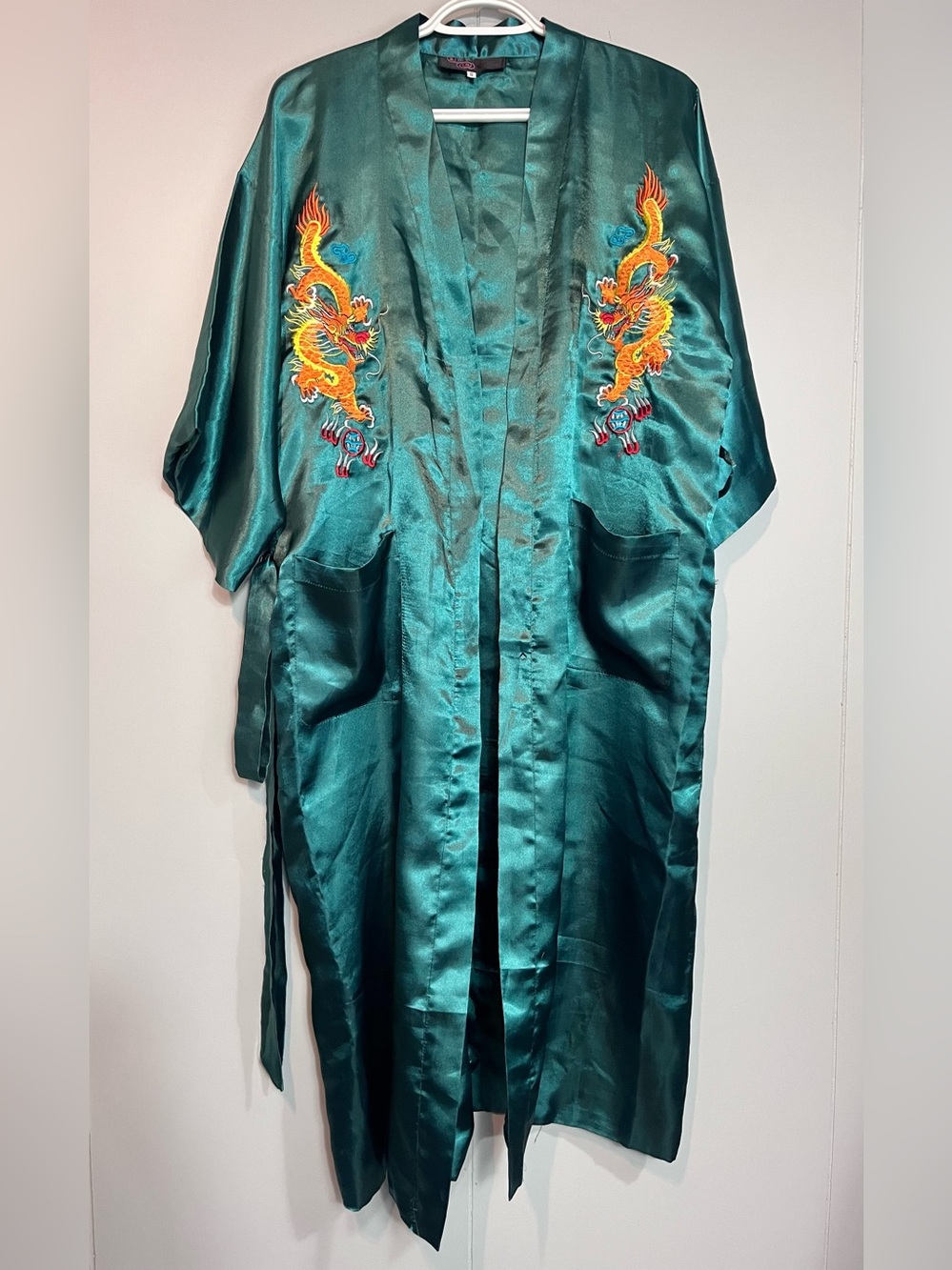 Teal Satin Chinese Dragon Embroidered Robe Kimono Duster Size S